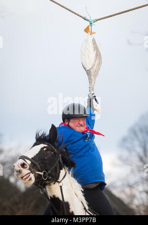 Bochum, Deutschland, 12. Februar 2018. Bochum, Deutschland. 12 Feb, 2018. Sieger ist der Tag der traditionellen Gänse, der Gänse Rider Club Sevinghausen, Joerg Wendorf, erreicht für die hölzernen Gans in Bochum, Deutschland, 12. Februar 2018. Der Brauch der Gänse ist das Reiten in der Region Bochum von spanischen Soldaten im 16. Jahrhundert erhalten werden. Dabei wird eine tote Gänse wurde in einer Höhe von mehreren Metern aufgehängt, mit dem Kopf nach unten hängend. Die benutzerdefinierte Jährlich findet am Rosenmontag. Quelle: Bernd Thissen/dpa/Alamy Stockfoto