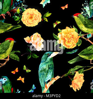 Nahtlose Muster mit Aquarell Vogel und Rosen auf schwarz Stockfoto