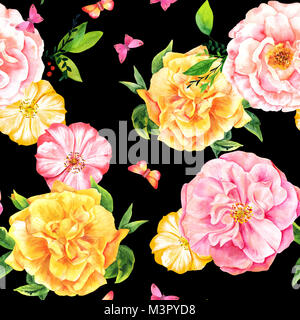 Nahtlose Muster mit Aquarell Rosen und Schmetterlinge auf Schwarz Stockfoto