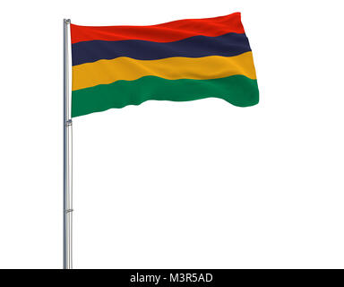 Flagge von Mauritius auf der Fahnenstange im Wind flattern auf weißem Hintergrund, 3D-Rendering Stockfoto