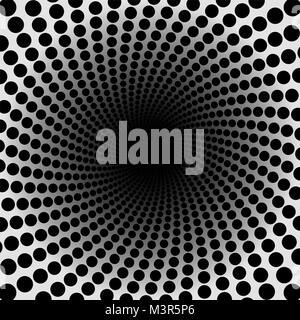 Spiralförmige Muster. Schwarze gepunktete Tunnel mit dunklem Zentrum - Twisted kreisförmigen Hintergrund Illustration, hypnotisch und psychedelisch. Stockfoto