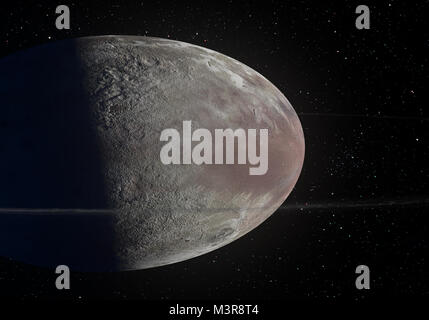 Dieses Bild ist ein Konzept der Haumea ellipsoidischen Zwergplanet mit Ringen in der Kuipergürtel und seine Monde Hiʻiaka. Dies ist ein 3-D-Rendering. Stockfoto