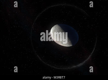 Dieses Bild ist ein Konzept der Haumea ellipsoidischen Zwergplanet mit Ringen in der Kuipergürtel und seine Monde Hiʻiaka. Dies ist ein 3-D-Rendering. Stockfoto