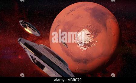 UFOs in der Umlaufbahn des roten Planeten Mars (3D-Rendering, Elemente dieses Bild sind von der NASA ausgestattet) Stockfoto