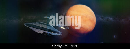 UFOs in der Umlaufbahn des roten Planeten Mars (3d-raum Abbildung: Banner, Elemente dieses Bild sind von der NASA ausgestattet) Stockfoto