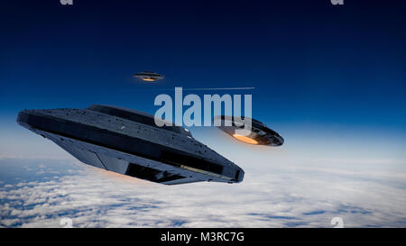 UFO, science fiction Szene alien Raumschiffe aus dem Weltraum, außerirdische Besucher in fliegenden Untertassen Beobachtung einer Ebene (3d-Abbildung) Stockfoto