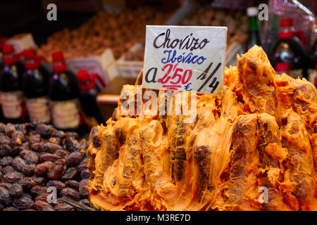 Málaga, Atarazanas Market Hall, Chorizo Iberico Stockfoto