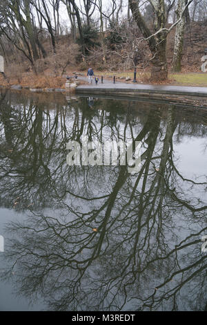 Spiegelungen im Wasser bei LeFrak Zentrum am Lakeside in Prospect Park, Brooklyn, New York. Stockfoto