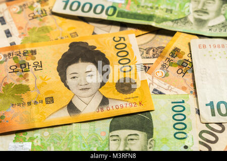 Koreanische gewonnenes Geld Banknoten. Stockfoto