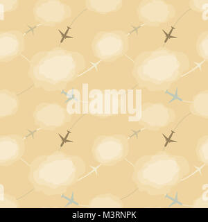 Beige nahtlose Muster mit Flugzeugen am Himmel Stockfoto
