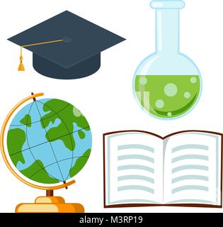 Schule Hochschule Universität Wissenschaft cartoon Icon Set Poster hat Reagenzglas offenes Buch weltweit. Stock Vektor
