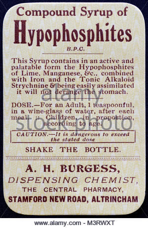 Vintage Chemiker Etiketten für Medizin Flaschen 1950er-Compound Sirup von HYPOPHOSPHITE Stockfoto