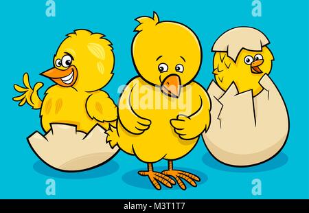 Cartoon Illustration von kleinen Hühner Charaktere schlüpfen aus Eiern Stock Vektor