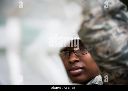 Airman 1st Class Markesha Hicks sieht für Moskitos in eine Falle, die auf hurlburt Field Air Force Base, Fla. Traps eingestellt wurde, sind um die Basis in den Bereichen mit größere Chancen auf den Fang von Mücken, vor allem Bereiche mit großen Mengen von stehendem Wasser eingestellt. (U.S. Air Force Foto/Staff Sgt. Andrew Lee) 160417-F-NL 936-306 durch AirmanMagazine Stockfoto