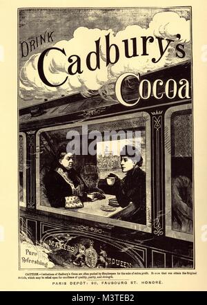 Cadbury's Kakao trinken Werbung ca. 1895 zeigt zwei Menschen in einem Zug trinken heiße Schokolade Stockfoto
