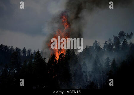 Das Feuer brennt noch in der Mount Saint Francois Gegend von Colorado Springs, Co., während die Feuerwehr weiterhin mehrere Brände in Waldo Canyon am 28. Juni 2012 zu kämpfen. Die Waldo Canyon ein Feuer hat auf 18.500 Hektar angebaut und verbrannte über 300 Wohnungen. Derzeit werden mehr als 90 Feuerwehrleute aus der Akademie, zusammen mit einem Vermögen von Air Force Space Command; ZB. Warren Air Force Base, Wyo.; Fort Carson, Colo; und der lokalen Gemeinschaft weiterhin die Waldo Canyon Feuer zu bekämpfen. (U.S. Air Force Foto: Master Sgt. Jeremy Lock) (Freigegeben) 120628-F-JQ 435-016 durch AirmanMagazine Stockfoto