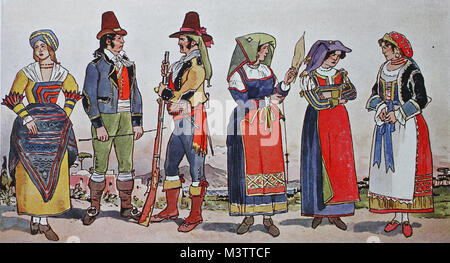 Mode, Kleidung in Italien, Süditalien, von 1800-1830, von links, Bäuerin aus Venafrano auf Matesegebirge, Mann von S. Giovanni a Teduccio, zwischen Neapel und Portici, einem Land, Hunter, eine Frau aus der Gegend von Salerno, eine Frau von Pizzo und eine Frau aus der Gegend von Neapel, digitale Reproduktion aus einem Original aus dem Jahr 1900 verbessert Stockfoto