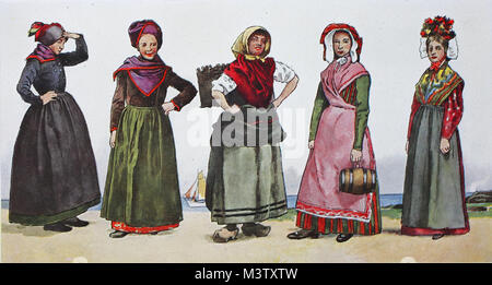 Mode, Kleidung in Dänemark, Trachten in der modernen Geschichte, von links, eine Frau und ein Mädchen von der Insel Fanoe, dann ein Bauer aus Skovshoved in der Nähe von Kopenhagen, einem Bauern Frau von Agger und ein Mädchen von der Insel Bornholm, digital verbesserte Reproduktion aus einem Original aus dem Jahr 1900 Stockfoto