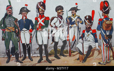 Mode, Kleidung, Uniformen in Europa, Frankreich von 1795-1815, von links, ein husar von 1795, ein Offizier der Infanterie von 1806, ein grenadier der Garde von 1813, ein musketier von 1806, eine Linie infanterist von 1806, ein SAPPERS von 1813 und eine Linie infanterist von 1795, digital verbesserte Reproduktion aus einem Original aus dem Jahr 1900 Stockfoto