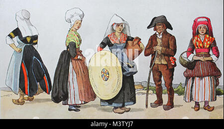 Mode, Kleidung, Trachten in Frankreich, Auvergne um aus dem 19. Jahrhundert, von links, ein Mädchen aus der Gegend von Riom, ein Mädchen aus St. Germain Lebron, ein Mädchen von St. Germain, ein Bauer aus Chamaliere und ein Mädchen von Latour, digital verbesserte Reproduktion aus einem Original aus dem Jahr 1900 Stockfoto