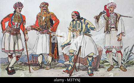 Mode, Kleidung, Trachten in Griechenland um 1825-1830, von links, Bauern aus der Gegend von Athen tragen Festival Roben, eine janissary von Janina im südlichen Albanien, ein Offizier aus Nauplia, ein Hirte aus der Arcadia Landschaft, digital verbesserte Reproduktion aus einem Original aus dem Jahr 1900 Stockfoto