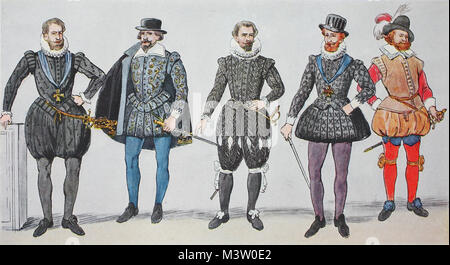 Mode, Trachten, Kleidung in Frankreich, um 1630-1640, Heinrich IV. und seinem Hof, von links, König Heinrich IV. von Frankreich, dann zwei Ratsherren wieder Heinrich IV. mit Spanischen gestreifte Hut und ein Söldner Führer mit Federhut, digital verbesserte Reproduktion aus einem Original aus dem Jahr 1900 Stockfoto