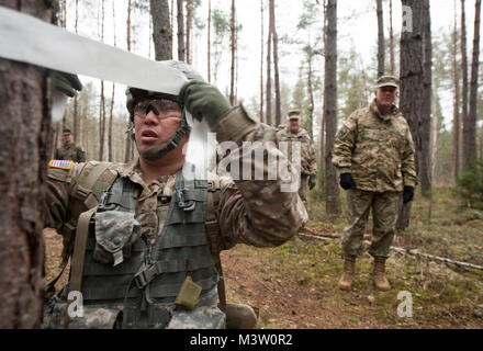 Grafenwöhr, Deutschland - Sehr geehrte Besucher aus der Bundeswehr Operative medizinische Unterstützung Befehl und 21 Theater Support Command eine militärische Demonstration während einer US-Armee Europa Experten Bereich Medizinische Abzeichen Bewertung in Grafenwöhr, Deutschland beobachtet am 24. März 2017. Etwa 215 Kandidaten aus der US-Armee und zehn europäischen Partner Nationen nahmen an diesem alle zwei Jahre stattfindenden Bewertung in den Hoffnungen des Erzielens der begehrten US-Armee EFMB. (U.S. Air Force Foto von TSgt Brian Kimball) 170319-F-QP 401 - von DoD News Fotos Stockfoto