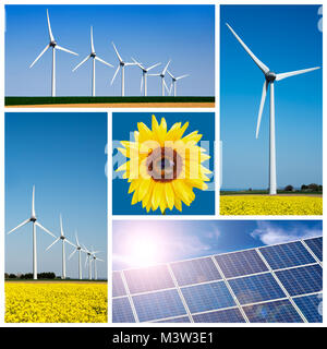 Sonnenblume, blauen Solarzellen und Windkraftanlagen, Umwelt und climage ändern Collage Stockfoto