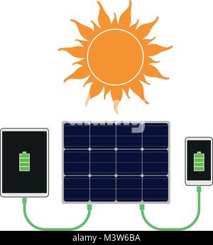 Tragbare Solarpanel mit angeschlossenem Smartphone und Tablet. Grüne Energie Stock Vektor