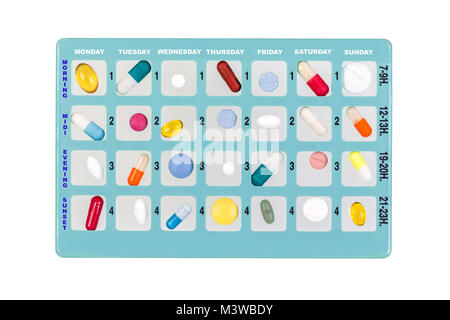 Blue Pill Box zur Aufbewahrung von Drogen, mit Inschriften der Moment des Tages der Woche auf Weiß Stockfoto