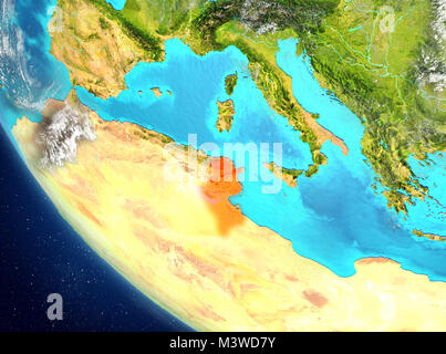Tunesien aus dem Orbit des Planeten Erde mit sehr detaillierte Oberflächenstrukturen. 3D-Darstellung. Elemente dieses Bild von der NASA eingerichtet. Stockfoto