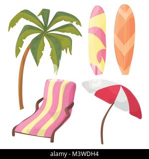 Strand Icon Set - Cartoon - Liege, Palme, Board, regenschirm-Vektor Stock Vektor