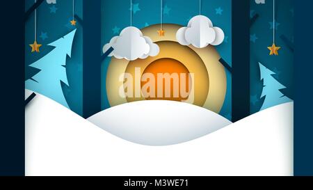 Cartoon Papier Landschaft. Tanne, Mond, Wolken, Sterne. Stock Vektor