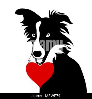 Silhouette von schwarzen und weißen Welpen Border Collie in der Liebe. Der Hund steht und hob seine Ohren. hütehund Stock Vektor