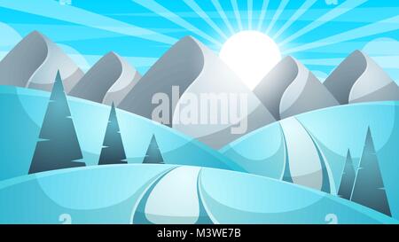 Cartoon Winterlandschaft. Cloud, Berg, Straße, Hügel, tanne Abbildung. Stock Vektor