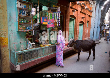 Indien. Varanasi (Benares). Shop, Frau und heilige Kuh in der Straße. Stockfoto