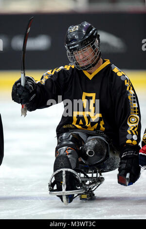 Us Special Operations Command's Army Sgt. 1. Klasse Brent Irland reagiert auf seine Einführung für die 2017 Spiele Sled hockey Ausstellung Invictus Match am Master Card Center für Training Excellence in Toronto, Kanada, Sept. 29, 2017. (DoD Foto von EJ Hersom) 170929 - D-DB 155-115 von DoD News Fotos Stockfoto