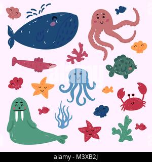 Sammlung von marine Unterwasser säugetier Kreaturen. Big Blue whale, Kraken, Seesterne, Krabben, Korallen, Fische, Walross und Shell. Gerne Meer oder Ozean inhabitan Stock Vektor
