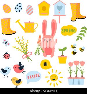 Vektor Ostern und Frühling mit niedlichen bunnie mit Karotte, Vögel, Hühner, Eier, Blumen, birdhouses. Marienkäfer, Schmetterling, Sonne, Stiefel. Sammlung von ob Stock Vektor