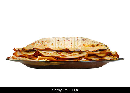 Einen Stapel Pfannkuchen auf weißem Hintergrund. Fastnacht Maslenitsa, Woche, Blini Stockfoto