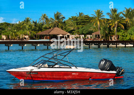 Schwimmbad und Restaurant in der Residenz Hotel und Resort, Gaafu Alifu Atoll. Malediven Inseln. Stockfoto