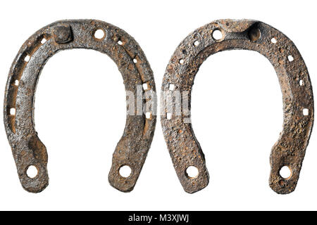 Altes rostiges Hufeisen auf weißem Hintergrund Stockfoto
