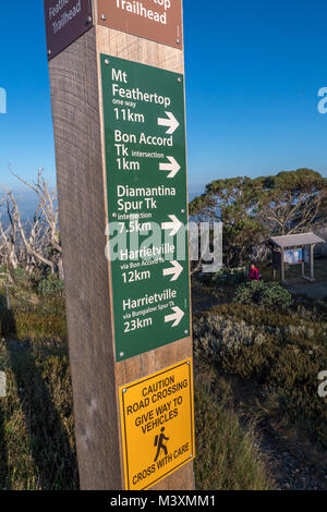 Hohes Holz- Trail Head Schild mit grünen und weißen Schriftzug, Trails und Strecken mit tiefblauen Himmel und Schnee Gummis im Hintergrund. Stockfoto