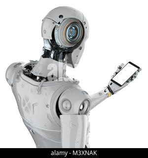 3D-rendering Roboter holding Blank Screen Handy isoliert auf weißem Stockfoto