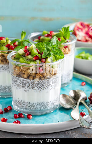 2-in-1-chia pudding Parfait mit Kiwi, Granatapfel, Müsli und Joghurt, gesundes Frühstück Stockfoto