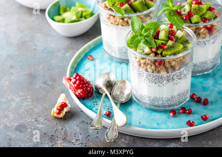 2-in-1-chia pudding Parfait mit Kiwi, Granatapfel, Müsli und Joghurt, gesundes Frühstück Stockfoto