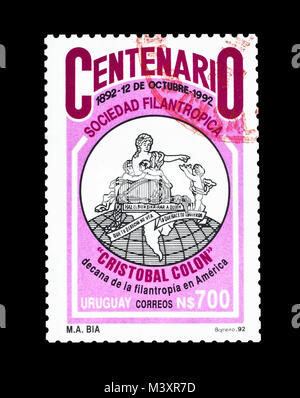 Storniert Briefmarke gedruckt von Uruguay, das fördert die Columbus Gesellschaft, circa 1992. Stockfoto