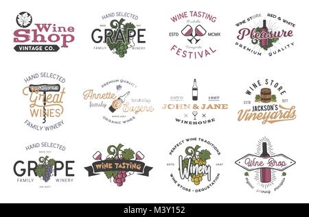 Wein Logos, Etiketten eingestellt. Weingut, Wein Shop, Wein Abzeichen Sammlung. Retro trinken Symbol. Typografische Gestaltung Vector Illustration. Vektor bunte Embleme und Symbole auf weißem Hintergrund Stock Vektor