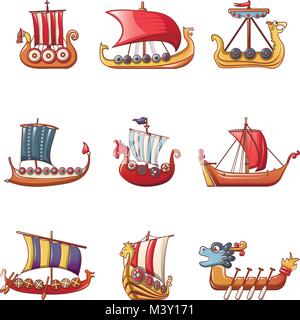 Wikingerschiff Boot drakkar Symbole, Cartoon Stil Stock Vektor