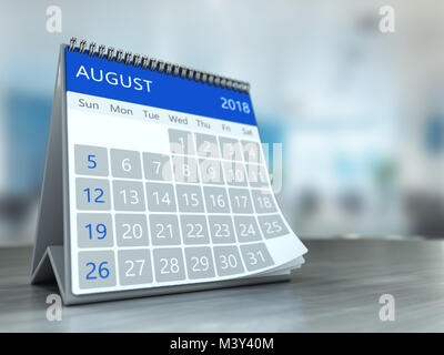 3D-Darstellung der Kalender über Büro Background, August 2018 Seite Stockfoto